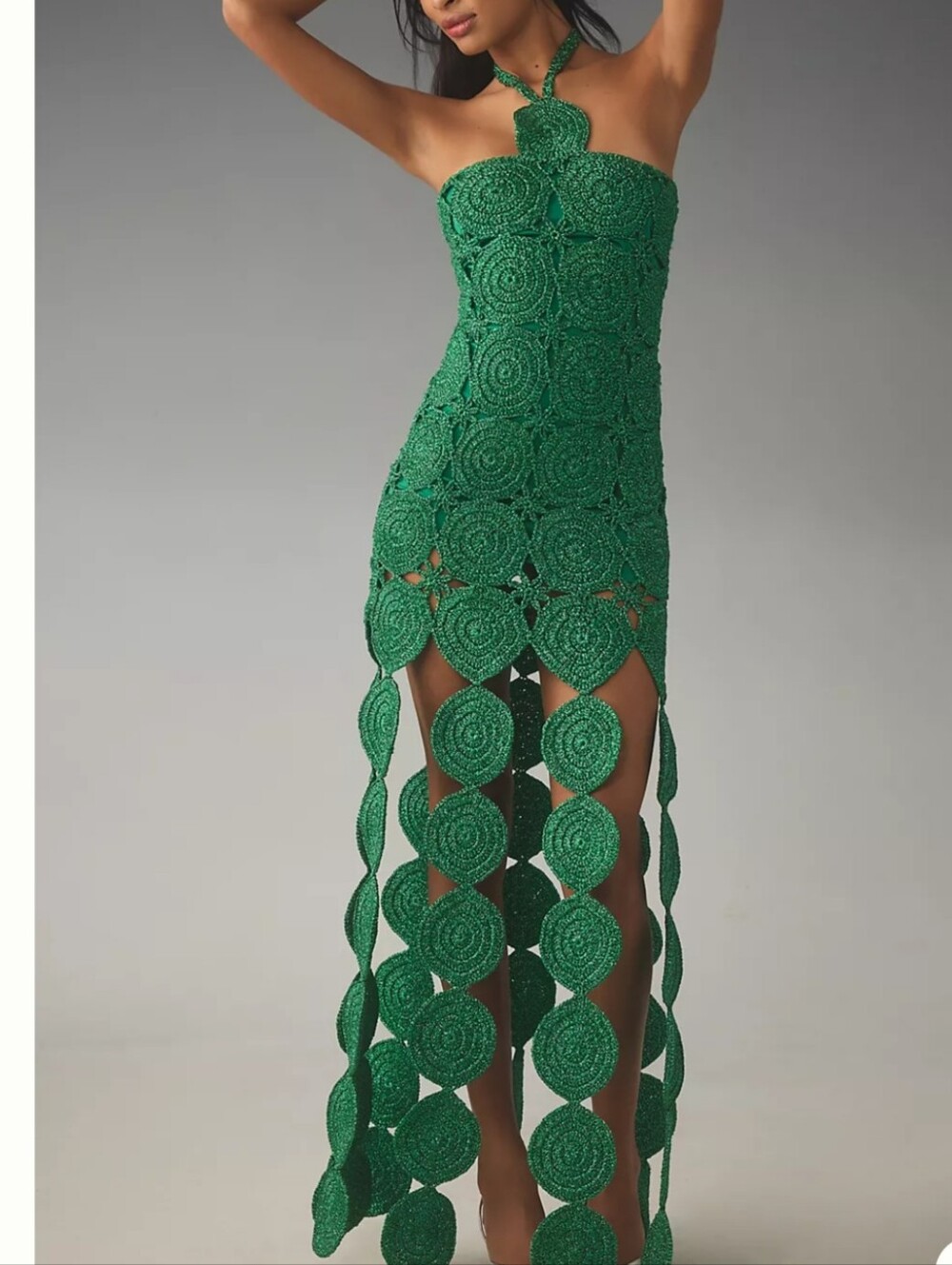 Simon Miller Beep Beep Dress Gummy Green Crochet Halter Fringe Midi Festival Y2K